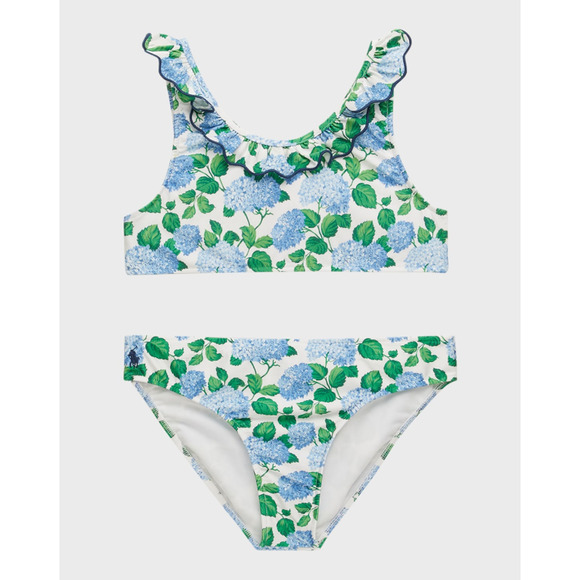 Polo Ralph Lauren Big Girl 2-Piece Ruffle Trim Swimsuit White Multi Size 14